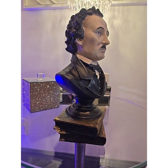 Edgar Allan Poe Halloween Head Bust Statue Raven Nevermore Rare Book Shelf Decor - Picture 2 of 6